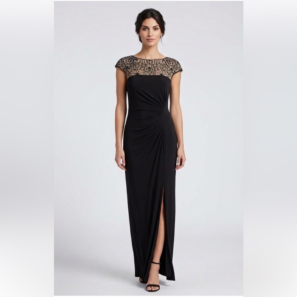 Tadashi Collection Beaded Sequin Cap Sleeves Black Gown Maxi Dress Size XS‎